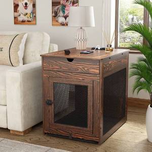 lot 62232 image: Piskyet Furniture Dog Crate with Storage Drawer&Cushion&Tray, Support WiredWireless Charging,Wooden Dog Crate -Rustic Style