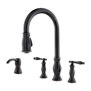 lot 62286 image: Pfister Hanover 2-Handle Pull-Down Kitchen Faucet with Soap Dispenser in Tuscan Bronze