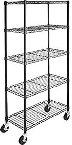 lot 62386 image: Amazon Basics 5-Shelf Adjustable, Heavy Duty Storage Shelving Unit on 4 Wheel Casters, Metal Organizer Wire Rack, Black (30L x 14W x 64.75H) (B071DZHLXH)