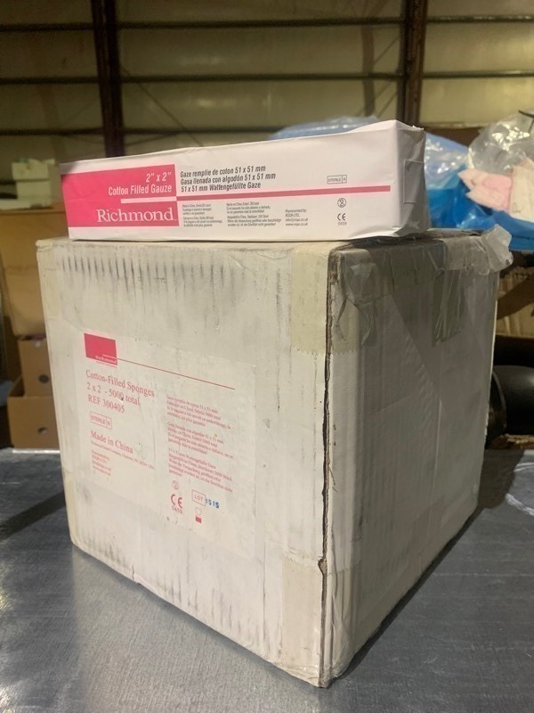 lot 131 image: New Box of 5,000 Total 2x2 Richmond Sterile Cotton Filled Sponge Gauze, White