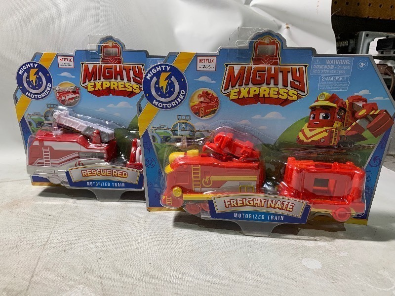 lot 135 image: 2 New Mighty Express Motorized Train Toys Rescue Red & Freight Nate