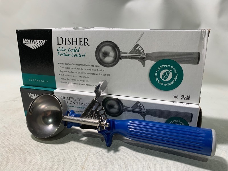 lot 242 image: 2 New Vollrath Essentials Quality Disher Color-Coded Portion Control Scoopers, Size 16