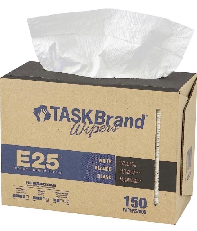 lot 175 image: 2 New Boxes of 300 Total Heavy Duty Tough TaskBrand Economy Series E25 Wipers Reinforced Scrim, 4-Ply, Interfolded in Dispenser Box, 9.75 x 16.75, White, 150 per Box