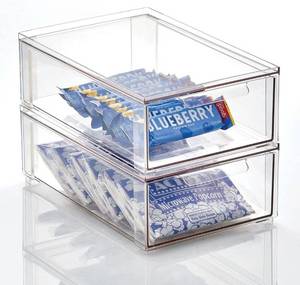 lot 2937 image: Set of 2 M Design Clear Pull Drawer Pantry Storage Bins with Labels 8in x 12in x 6in