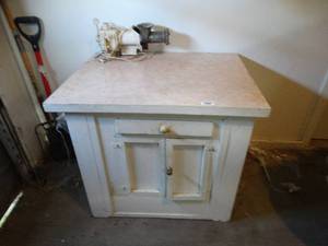 lot 23709 image: Vintage heavy duty meat grinder cabinet w drawer & 2 doors-