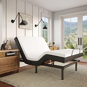 lot 47337 image: Classic Brands Adjustable Comfort Upholstered Adjustable Bed Base 2.0 with Upgraded Motors, Massage, Wireless Remote, USB Port-Ergonomic Head and Foot Inclines, Full