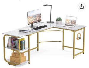 lot 47339 image: Merronix L Shaped Desk with Storage Shelves, Reversible Corner Computer Desk for Home Office, Modern Gaming L Desk with Spacious Desktop, White Marble and Gold
