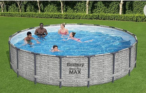 lot 47348 image: Bestway Steel Pro MAX 18 x 48 Round Above Ground Pool Set  Frame Swmiming Pool Features Realistic Stone Print Liner  Includes 1500gal Filter Pump, 48 Ladder and 18 Pool Cover