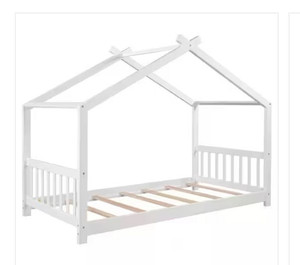 lot 47387 image: White Twin Size House Platform Bed with Headboard and Footboard, Roof Design