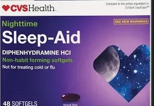 lot 77016 image: CVS HEALTH NIGHTTIME SLEEP AID DIPHENHYDRAMINE HCI, 25MG, 48CT SOFTGELS