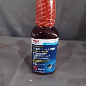 lot 77050 image: CVS HEALTH MULTI SYMPTOM NIGHTTIME HBP COLD & FLU RELIEF, ACETAMINOPHEN, DEXTROMETHORPHAN HBr , DOXYLAMINE SUCCINATE, CHERRY FLAVOR, 12FL oz BOTTLE,