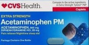 lot 77072 image: CVS Health. Caplets EXTRA STRENGTH Acetaminophen PM ACETAMINOPHEN, 500 mg DIPHENHYDRAMINE HCI, 25 mg Pain reliever, Nighttime sleep aid, 225Ct