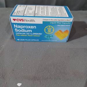 lot 77076 image: CVSHealth. Compare to the active ingredient in Aleve Liquid-filled Capsules NDC 69642-748-46 Naproxen Sodium CAPSULES, 220 mg (NSAID) Pain reliever Fever reducer TO LAST HOURS 40 LIQUID-FILLED CAPSULES