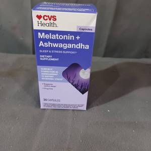 lot 77092 image: CVS HEALTH MELATONIN  ASHWAGANDHA SLEEP & STRESS SUPPORT DIETARY SUPPLEMENT, 30 CAPSULES