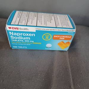lot 77126 image: CVS Health Naproxen Sodium TABLETS, 220 mg Pan reliever, Fever reducer (NSAID) Package Contains One Bottle 12 BACK & MUSCLE PAIN 100 TABLETS