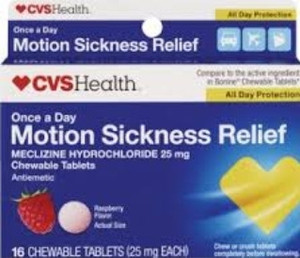 lot 77131 image: CVS Health CVS Health Compare to the active ingredient in Bonine Chewable Tablets All Day Protection Once a Day All Day Prote Motion Sickness Relief MECLIZINE HYDROCHLORIDE 25 mg Chewable Tablets Antiemetic 16 CHEWABLE TABLETS (25 mg EACH)