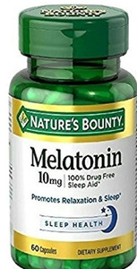 lot 77146 image: Melatonin by Natures Bounty, 100% Drug Free Sleep Aid, Dietary Supplement, Promotes Relaxation and Sleep Health, 10mg, 60 Count