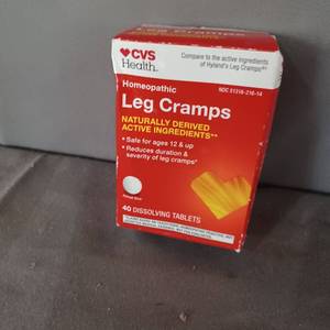 lot 77148 image: CVS Health. Compare to the active ingredients of Hylands Leg Cramps Homeopathic Leg Cramps NATURALLY DERIVED ACTIVE INGREDIENTS Safe for ages 12 & up Reduces duration & severity of leg cramps ,40 DISSOLVING TABLETS