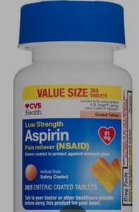 lot 77161 image: CVS Health Low Strength Aspirin Pain Reliever 81 mg Coated Tablets, 365 Count