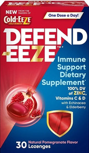 lot 77165 image: Defend-EEZE Immune Support Dietary Supplement Lozenges, 100% Daily Value of Zinc, Vitamins C & D per Dose, with Echinacea & Elderberry, Pomegranate Flavor, 30 Lozenges
