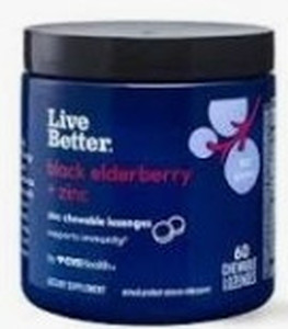 lot 77179 image: Live Better. black elderberry  zinc zinc chewable lozenges supports immunity by CVSHealth. DIETARY SUPPLEMENT, 60 CHEWABLE LOZENGES