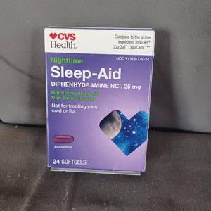 lot 77202 image: CVS HEALTH Nighttime Sleep-Aid DIPHENHYDRAMINE HCI, 25 mg Nighttime sleep-aid Non-habit forming cold or flu, 24ct