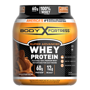lot 77208 image: Body Fortress Whey Protein Powder, Chocolate Peanut Butter, 60g Protein, 2 Lb