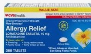 lot 77221 image: CVS Health Original Prescription Strength Non-Drowsy Allergy Relief 24hr LORATADINE TABLETS, 10 mg Antihistamine 24 hour relief of -Sneezing -Ichy, watery eyes -Runny nose Itchy throat or nose 365 TABLETS