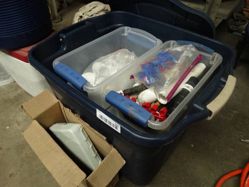 lot 481 image: Tote of sprinkler system hard ware.