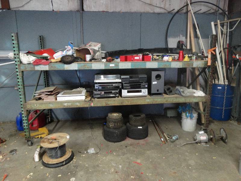 lot 491 image: 2 Shelf racking on wheels mo contents 10 6.