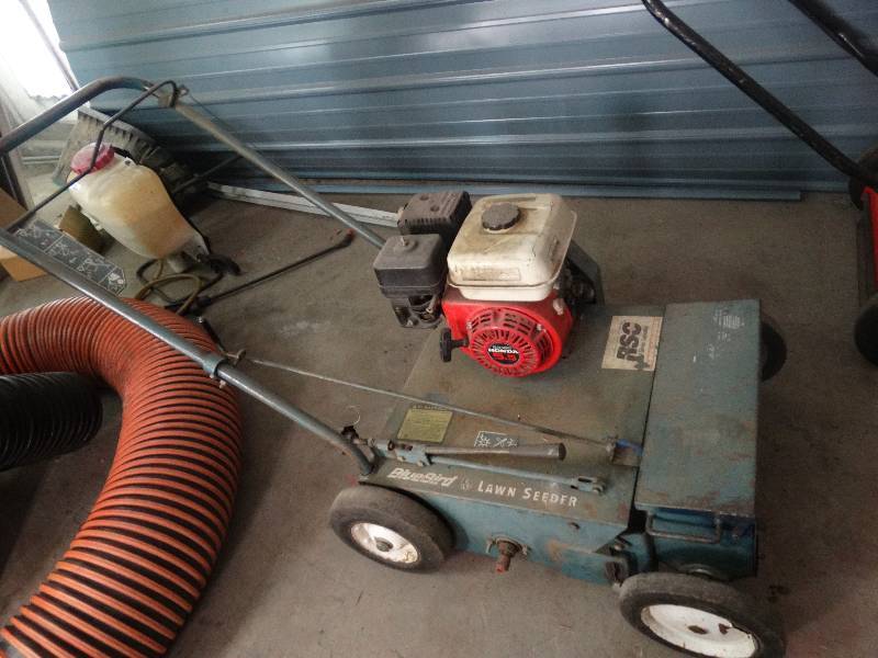 lot 2808 image: Blue bird GX 160 honda 5.5 hp lawn seeder.