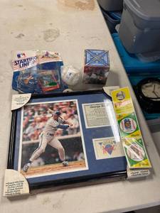 lot 64320 image: George Brett lot, framed dream team , figurine with card, sealed George Brett baseball, 1999 fotoball, 1981 topps cards (door hang)