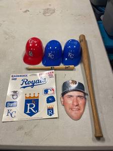 lot 64321 image: misc baseball collectibles, plastic helmets, pen bat, sm wood bat, stickers, will Clark suction cup decor