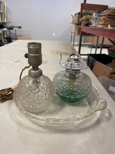 lot 64344 image: oil lamp, electric lamp, pie plate