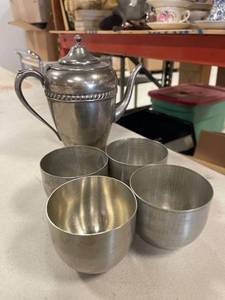 lot 64354 image: vintage silverplate teapot, Jefferson cups