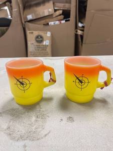 lot 64395 image: 2 VTG Fire King Compass NW Airlines Coffee Cups Mugs Yellow Orange on Milk Glass