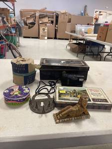 lot 64419 image: misc lot, metal safe box, tin, incense holder, vtg toilet paper