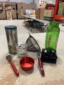 lot 64428 image: misc lot, green water bottle, watchclock parts, kitchen utensils