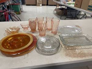 lot 64429 image: Misc glassware lot, iris and herringbone, pink depression, Fenton