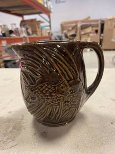 lot 64431 image: mid century modern brown pottery pitcher, fish