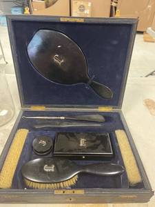 lot 64450 image: Antique wood ebony vanity set with sterling silver monogram