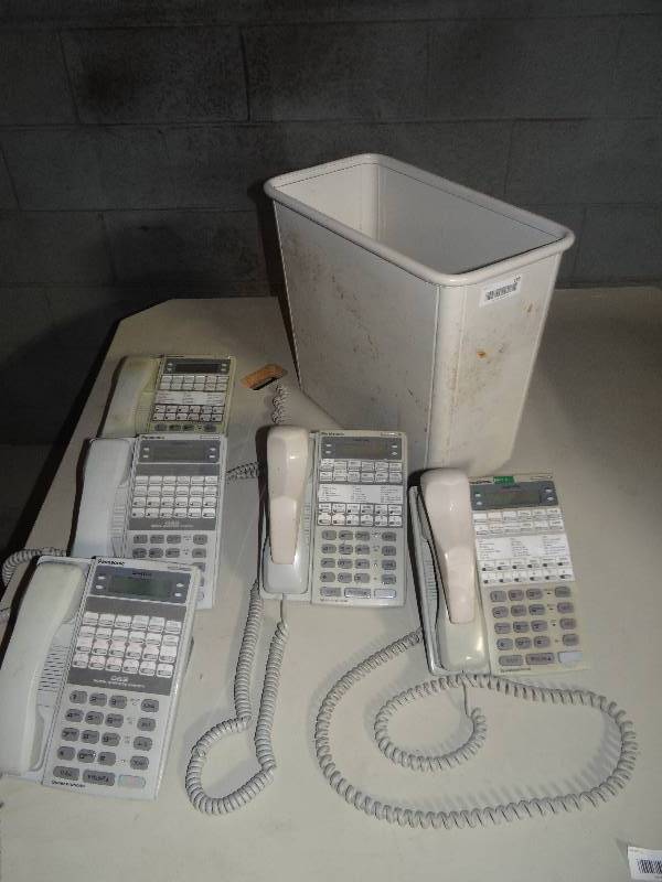 lot 195 image: Metal trash can & 5 office multi line phones.