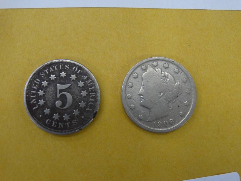 lot 614 image: U.S. 5 cents - 1906 V nickel, 1867 shield nickel.