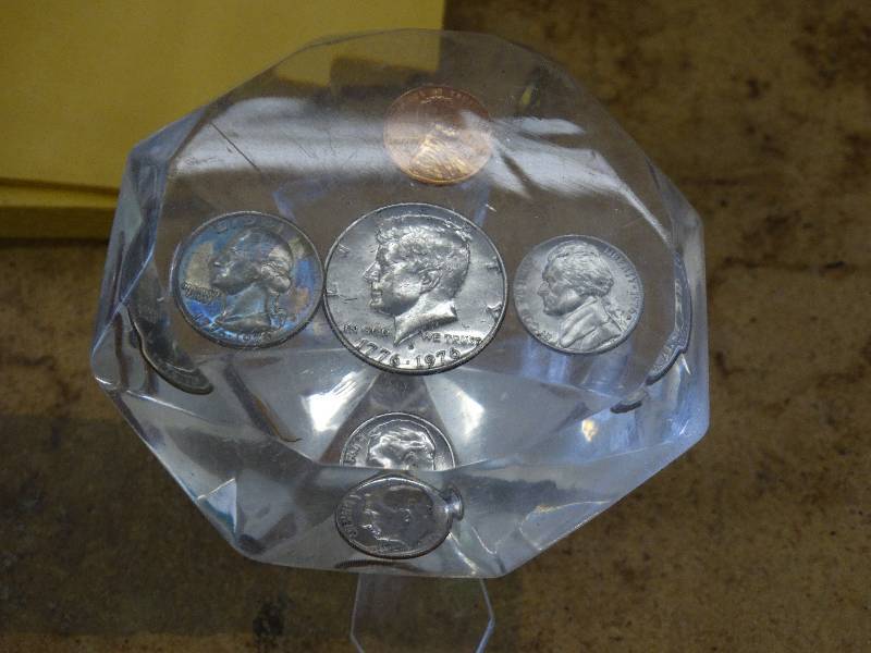 lot 631 image: Diamond shaped lucite wcoins stand on included.