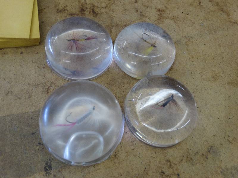 lot 633 image: 4 Lucite half spheres wfishing fly.