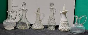lot 38343 image: Clear Glass, Cut Crystal.1 White, 1 pink-might be depression Glass Vintage CruetsCarafes With Stoppers