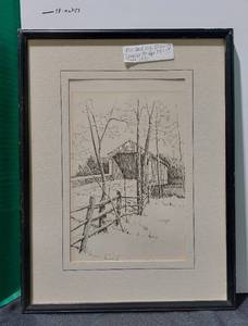 lot 38358 image: Pen and Ink Drawing COVERED BRIDGE by C. M. Goff, 1070