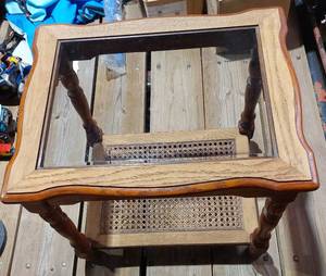 lot 38364 image: Beautiful Vintage Beveled Glass with Wicker bottom shelf