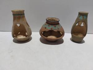 lot 38404 image: 3 Small Pottery Candle Holders. 2 have some visible cracks