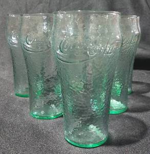 lot 38078 image: 6 Vintage Frosted Green Pebble ��Coca-Cola�� Coke 16 Ounce Glasses
